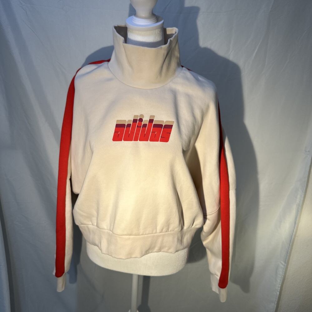Adidas Ski Chic Sweatshirt Size M Cream Mock Neck Logo Cropped Pullover Sporty